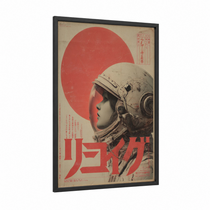 Cosmic Astronaut framed japanese retrofuturism print — black wood frame — red and cream palette