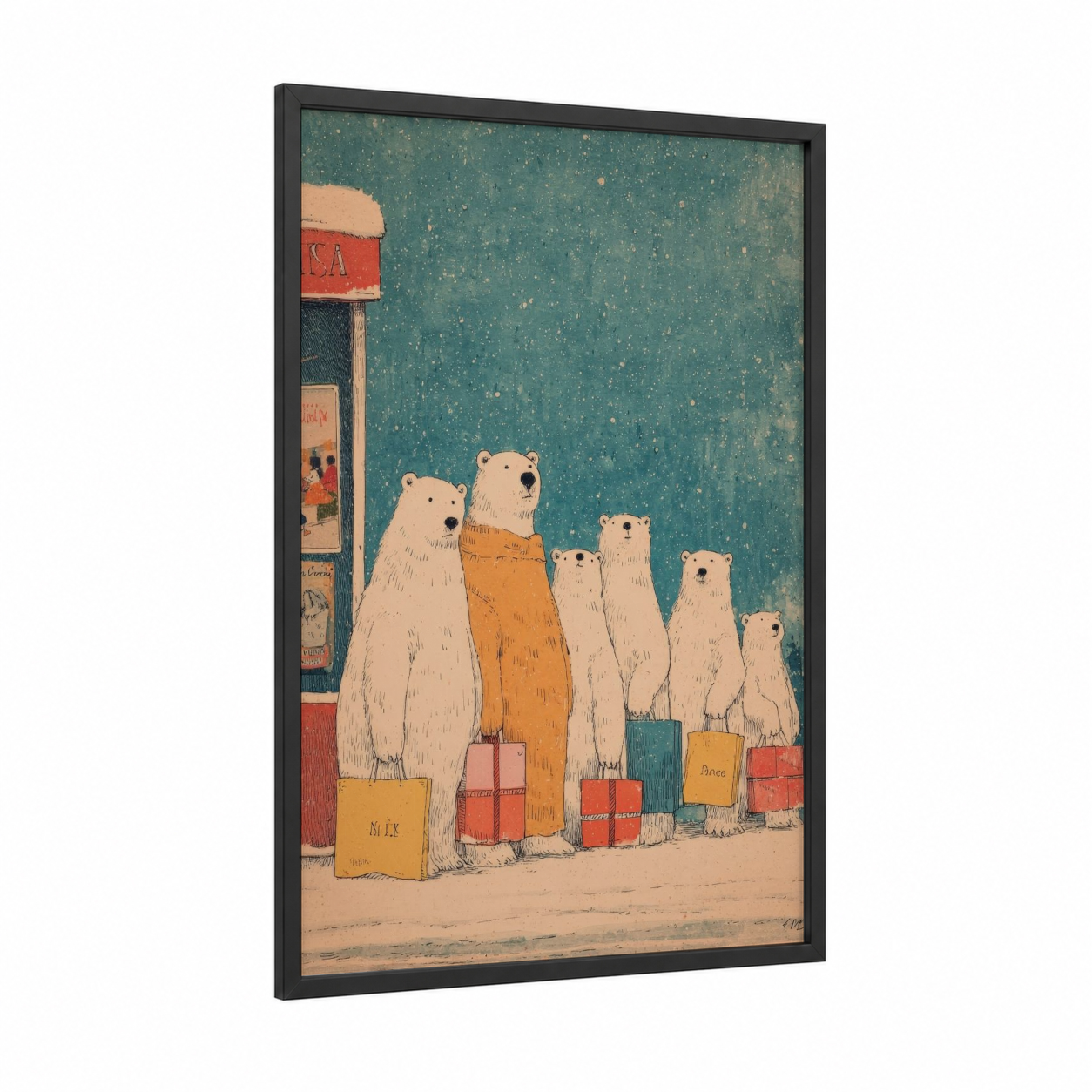 Snowy Carolers framed christmas print — black wood frame — teal and cream palette