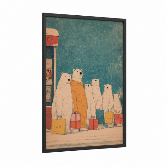 Snowy Carolers framed christmas print — black wood frame — teal and cream palette