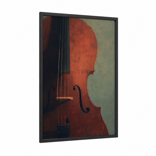 Crimson Cello framed art print — black wood frame — sage green palette