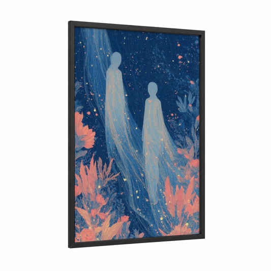 Celestial Gemini Twins framed art print — black wood frame — blue and salmon pink palette