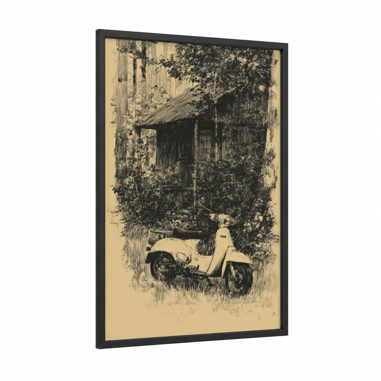 Vintage Scooter Cottage framed art print — black wood frame — cream and black and white palette