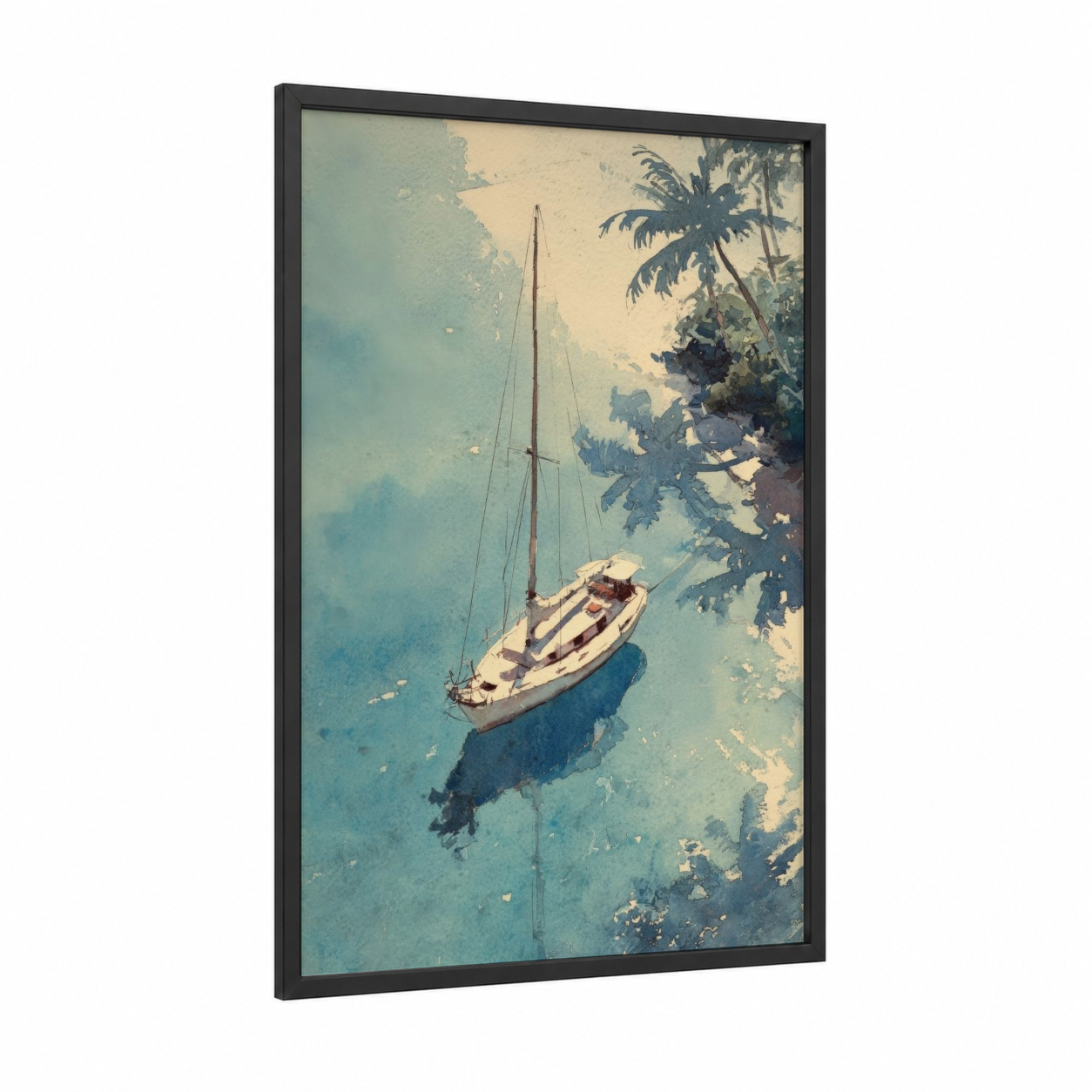 Tropical Sailboat framed yacth print — black wood frame — turquoise and cream palette