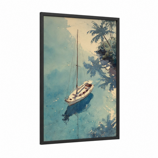 Tropical Sailboat framed yacth print — black wood frame — turquoise and cream palette