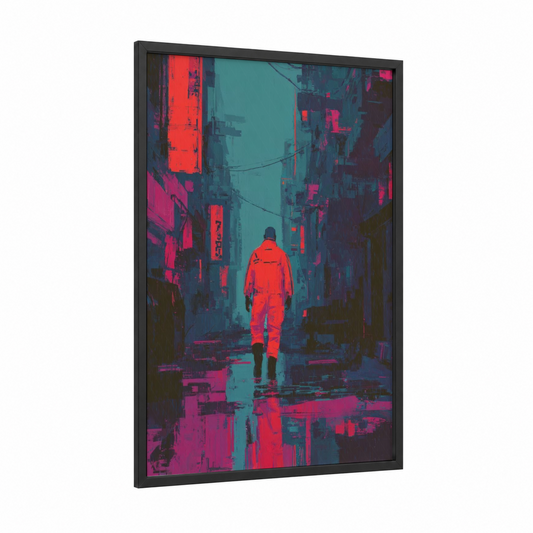 Neon Urban Explorer framed men's fashion print — black wood frame — red and teal palette