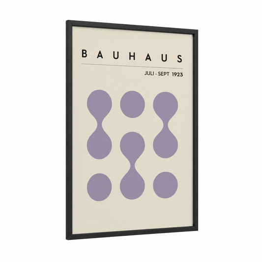 Bauhaus Circles framed abstract geometric print — black wood frame — lavender and cream palette