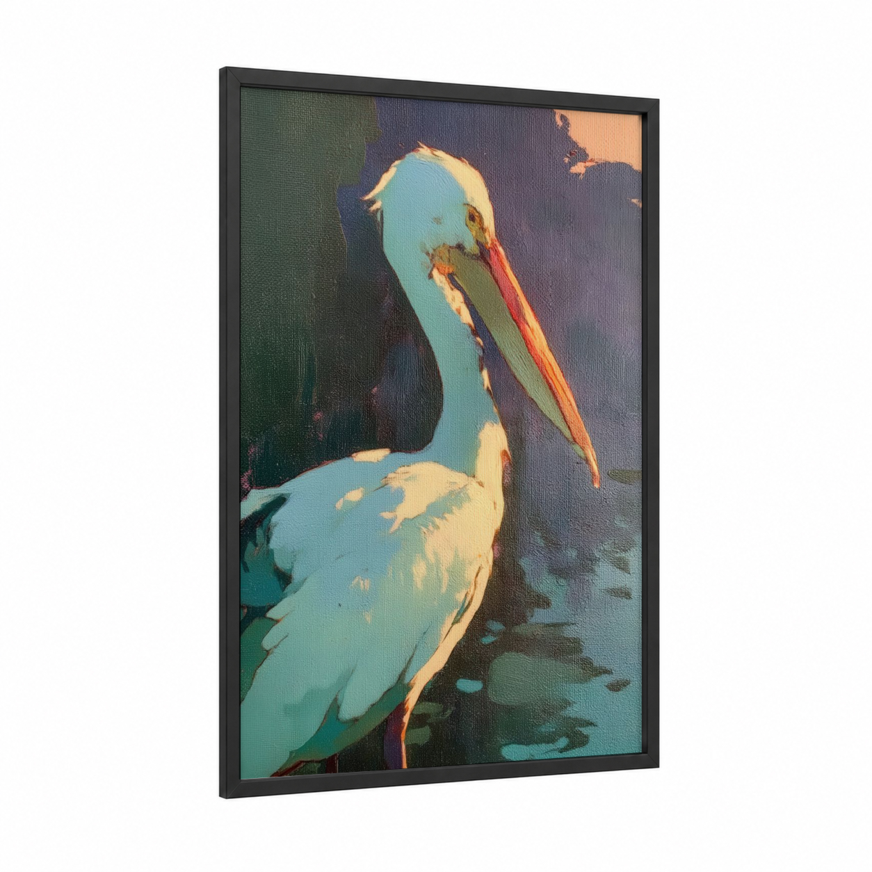 Turquoise Pelican framed art print — black wood frame — turquoise and gold palette
