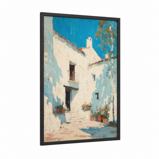Coastal Masonry framed art print — black wood frame — blue and white and peach palette