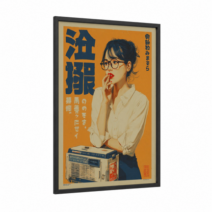 Retro Radio Girl framed vintage japanese ads print — black wood frame — gold and black and white palette