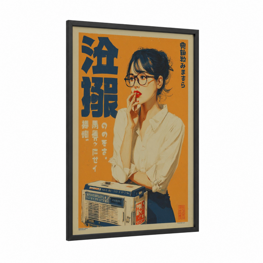 Retro Radio Girl framed vintage japanese ads print — black wood frame — gold and black and white palette