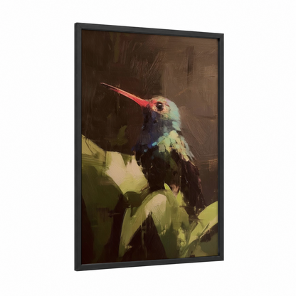 Vibrant Hummingbird framed art print — black wood frame — gold and teal palette