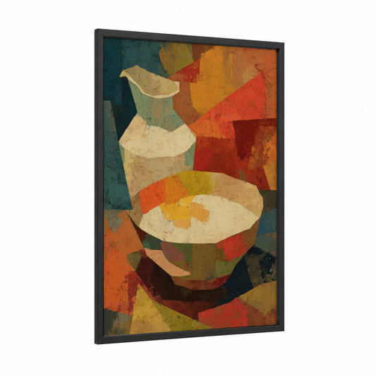 Geometric Milk Still Life framed art print — black wood frame — orange and teal palette