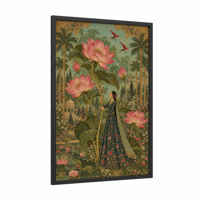 Lotus Garden Woman With Parrots Wall Art framed art print — black wood frame — pink and gold palette