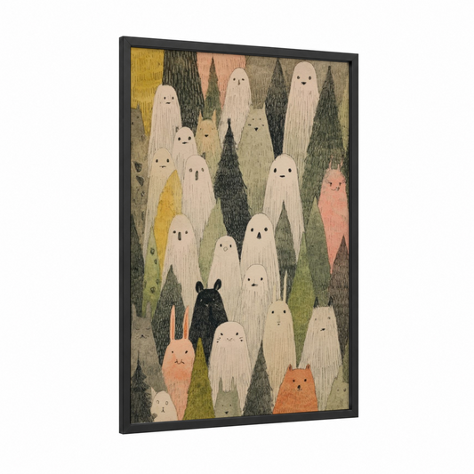 Ghostly Forest Gathering framed halloween print — black wood frame — cream and sage green palette