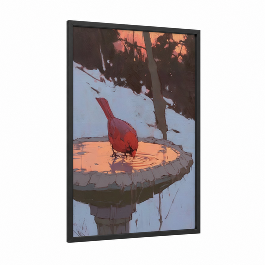 Crimson Perch Cardinal framed art print — black wood frame — red and blue palette