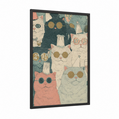 Festive Cat Party framed new years eve print — black wood frame — cream and rose gold palette