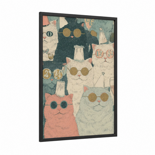 Festive Cat Party framed new years eve print — black wood frame — cream and rose gold palette