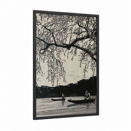 Riverside Cherry Blossoms framed art print — black wood frame — black and white palette