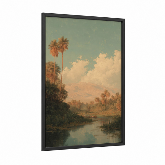 Desert Oasis framed art print — black wood frame — sage green and gold palette