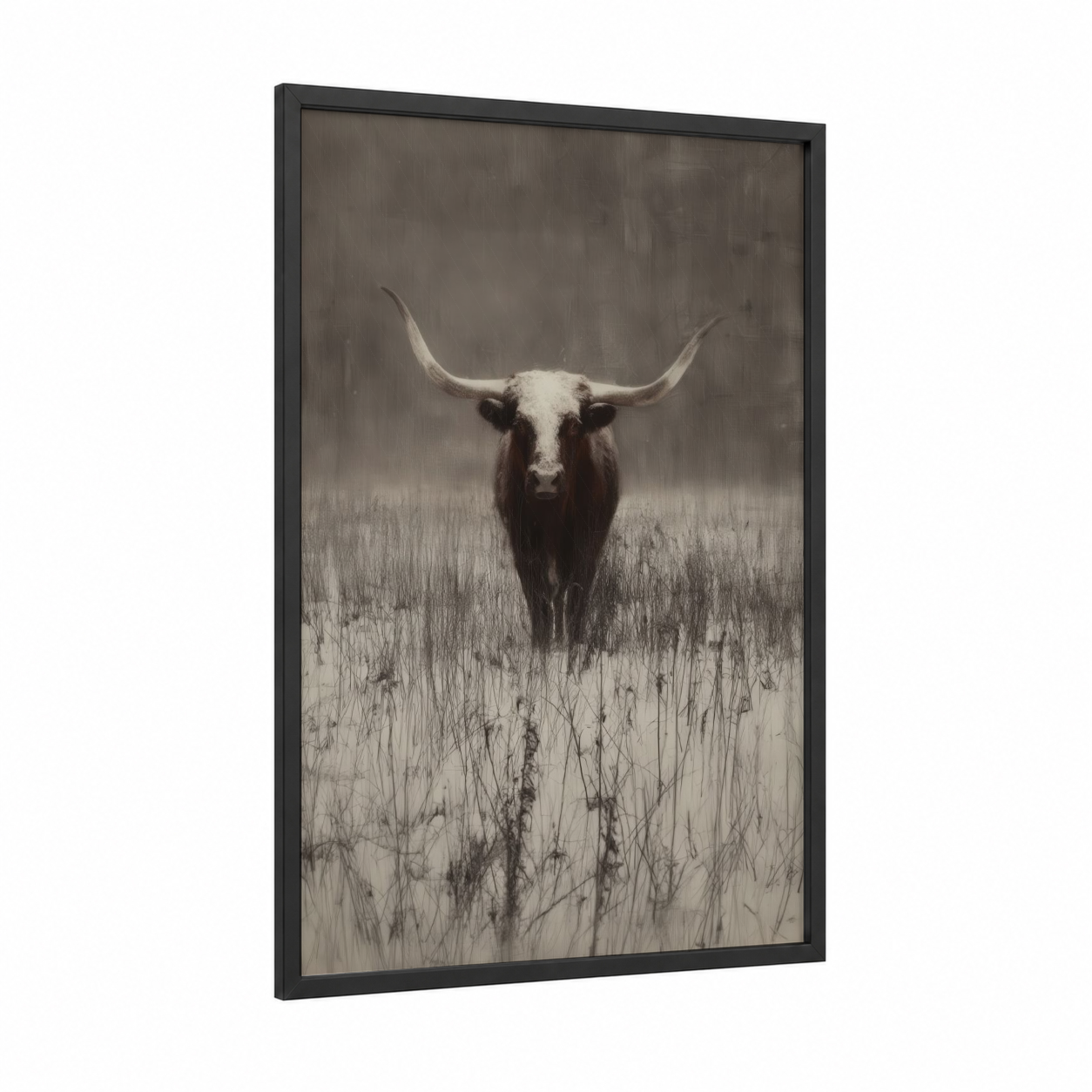 Longhorn Winter Field framed longhorn cow print — black wood frame — gray and gray and white palette