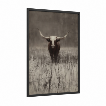 Longhorn Winter Field framed longhorn cow print — black wood frame — gray and gray and white palette