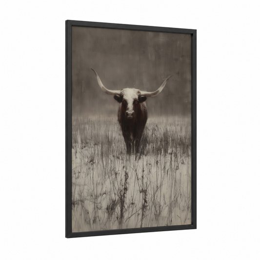 Longhorn Winter Field framed longhorn cow print — black wood frame — gray and gray and white palette