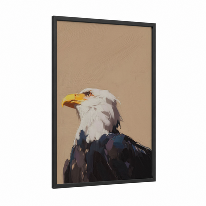 Majestic Eagle Portrait framed art print — black wood frame — beige and gold palette