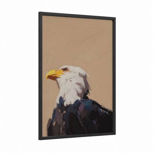 Majestic Eagle Portrait framed art print — black wood frame — beige and gold palette