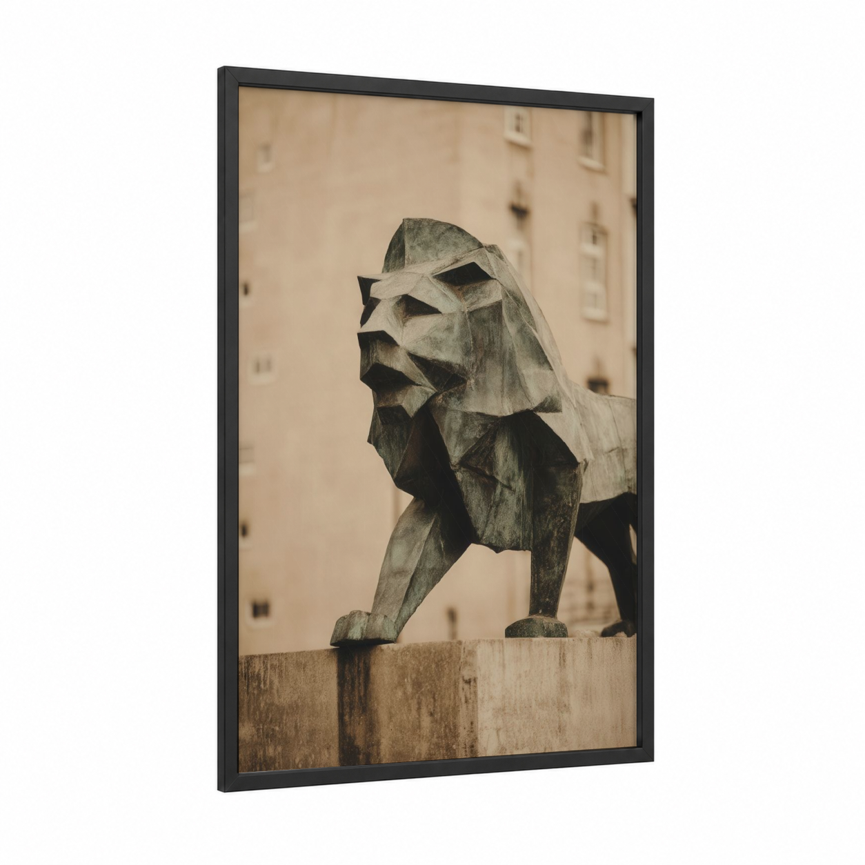 Geometric Lion framed art print — black wood frame — gray and black and white palette