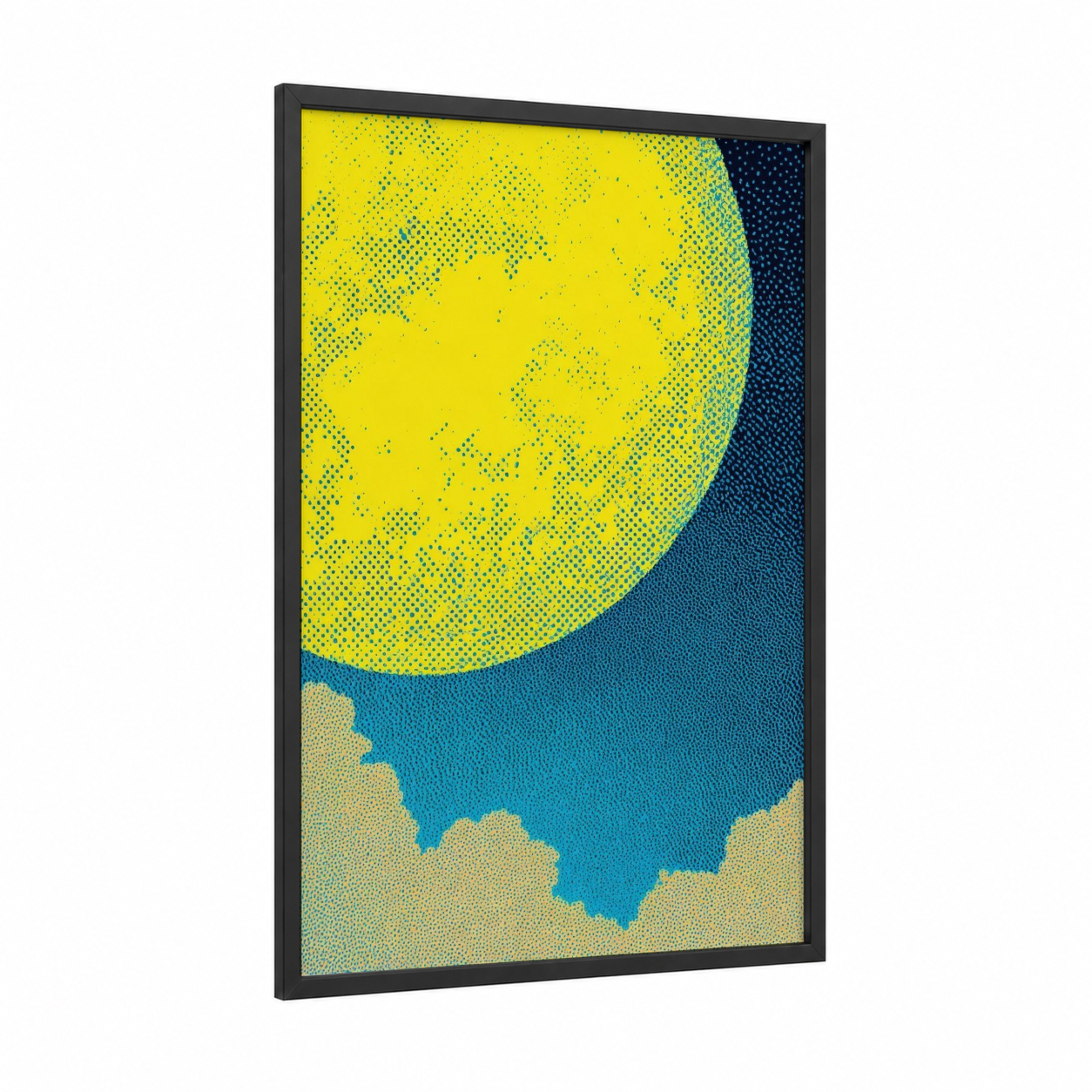 Luminous Moon Rise framed art print — black wood frame — yellow gold and blue palette