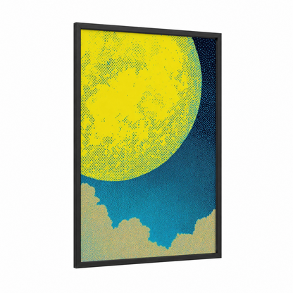 Luminous Moon Rise framed art print — black wood frame — yellow gold and blue palette