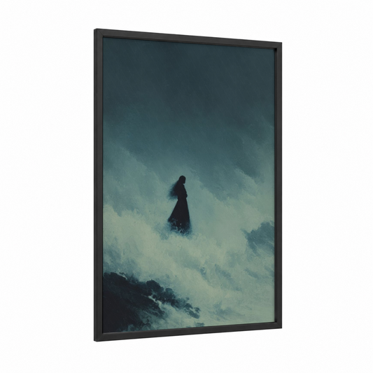 Solitary Storm Wanderer framed dark fantasy print — black wood frame — dark blue and gray palette