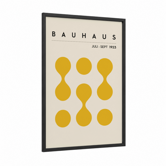 Bauhaus Circles framed abstract geometric print — black wood frame — yellow gold and cream palette