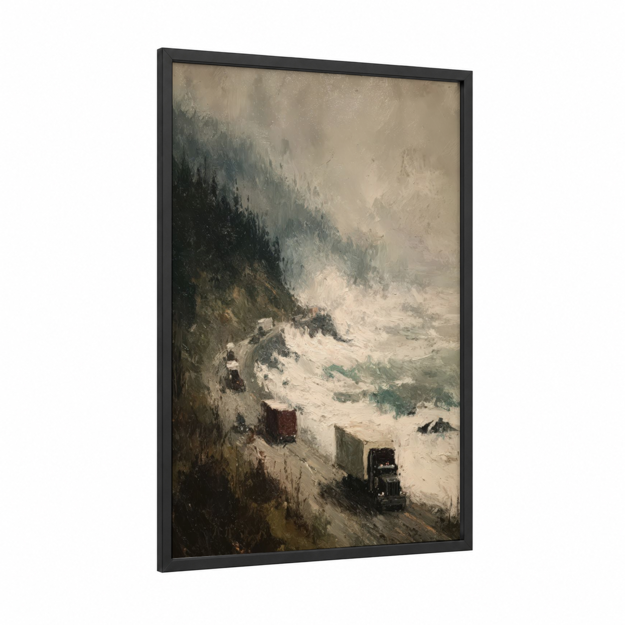 Mountain Pass Truck framed art print — black wood frame — gray and beige palette