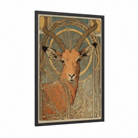 Sacred Antelope framed art print — black wood frame — cream and sage green palette
