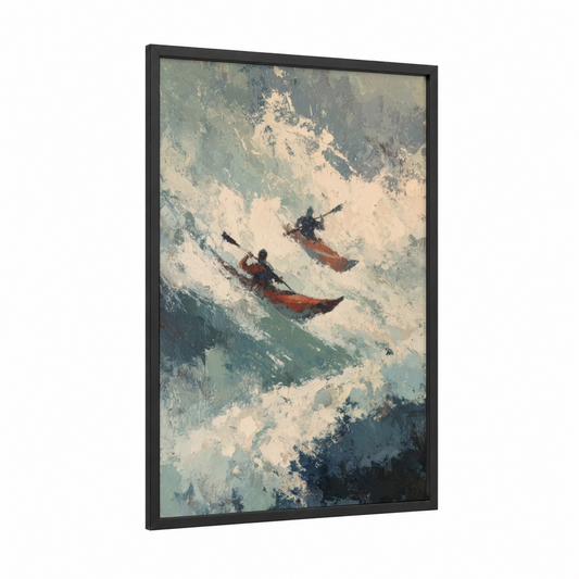Whitewater Rush framed kayaks and canoes print — black wood frame — blue and white and sage green palette