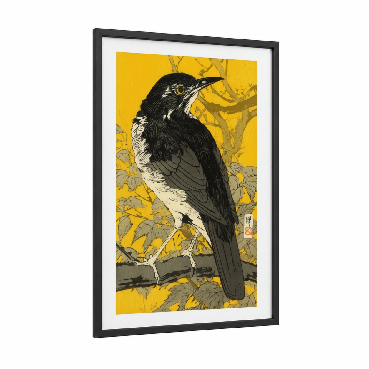 Golden Thrush framed art print — black wood frame — gold and black and white palette
