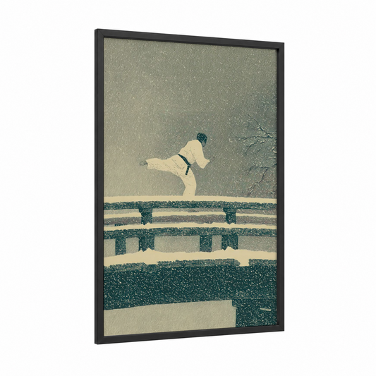 Snowy Karate Kick framed art print — black wood frame — cream and dove gray palette