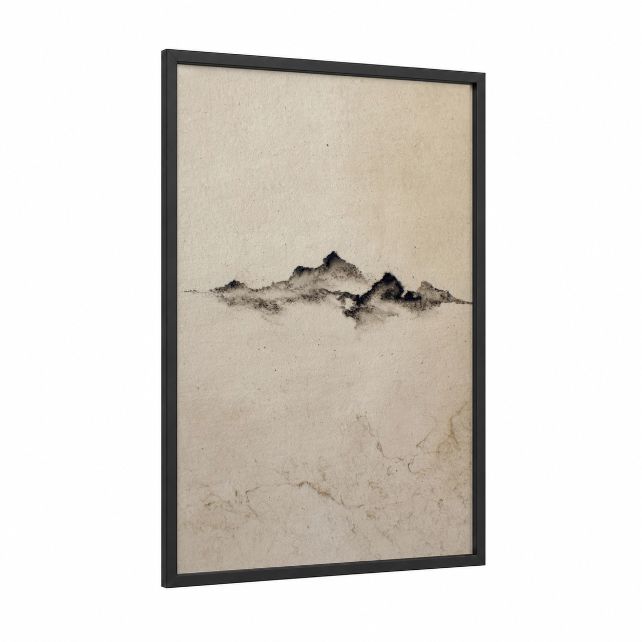 Misty Mountain Range framed abstract minimalist print — black wood frame — black and white and beige palette