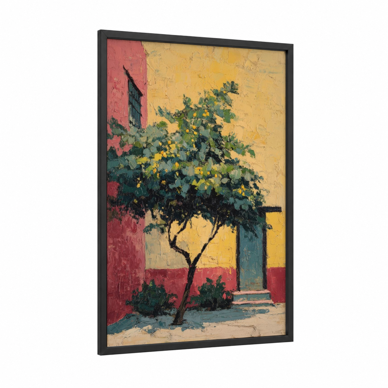 Courtyard Fruit Tree framed fruit trees print — black wood frame — yellow gold and maroon palette