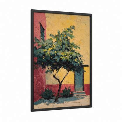 Courtyard Fruit Tree framed fruit trees print — black wood frame — yellow gold and maroon palette