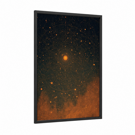 Radiant Galaxy framed art print — black wood frame — gold and black palette