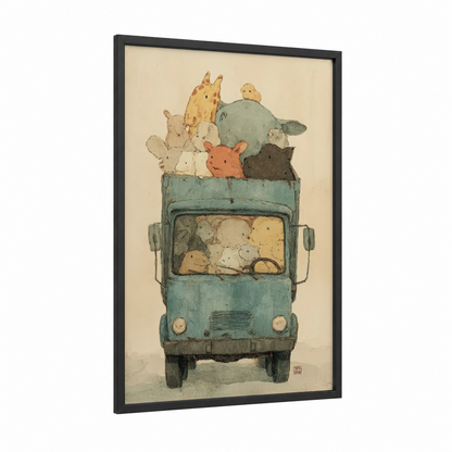 Animal Transport Truck framed art print — black wood frame — blue and beige palette