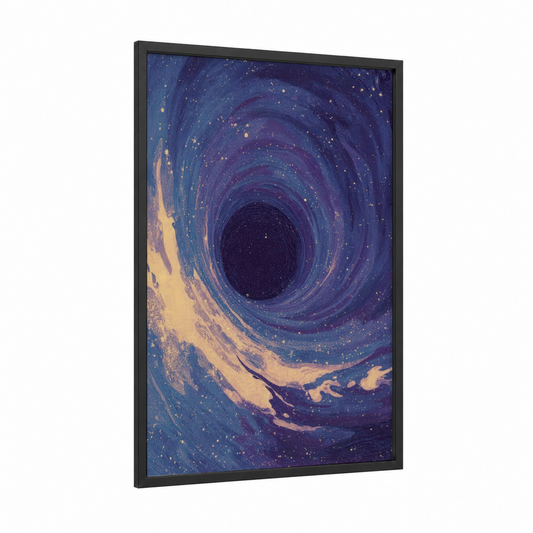 Cosmic Vortex framed galaxy print — black wood frame — blue and gold palette