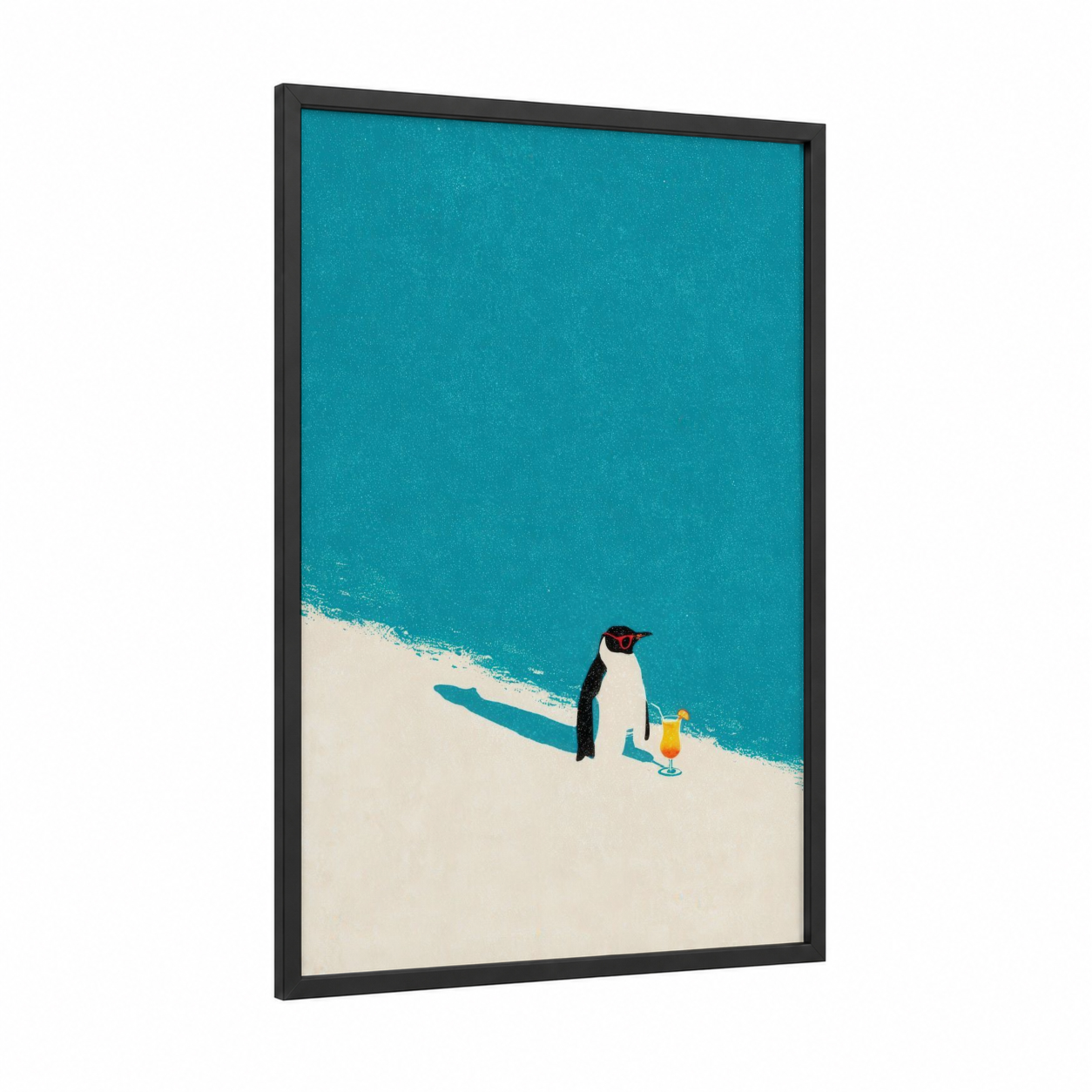 Beachside Penguin framed art print — black wood frame — turquoise and cream palette