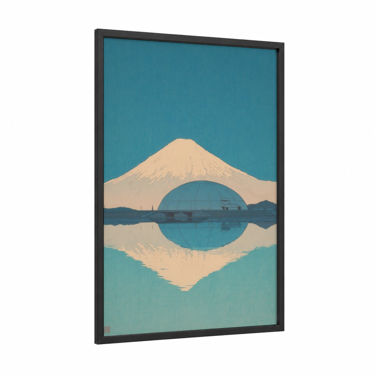 Fuji Dome framed art print — black wood frame — blue and cream palette
