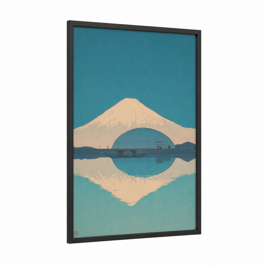 Fuji Dome framed art print — black wood frame — blue and cream palette