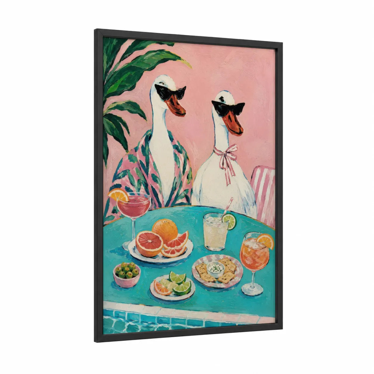 Tropical Geese Cocktail Party Wall Art framed art print — black wood frame — pink and teal palette