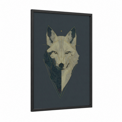 Geometric Wolf framed art print — black wood frame — cream and dove gray palette