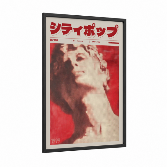 Retro Glamour framed japanese y2k print — black wood frame — red and cream palette